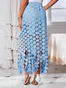 Womens High Waisted Hollow Out Maxi Skirts Fringe Hem Long Fit Skirt Summer Wear - 淺藍色 - 查看 3