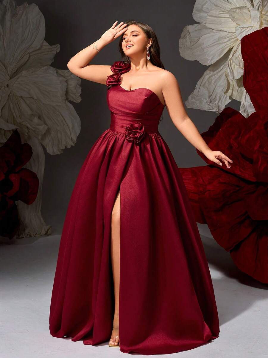 VIPGIRL Rochie de seară vișinie cu imprimeu floral, mărime mare, design cu crăpături, potrivită pentru ocazii formale precum baluri, nunți, gale, concursuri de rochii, cocktailuri, domnișoare de onoare, covor roșu - Rochie maxi elegantă, linie A - Burgundia - Vizualizare 1