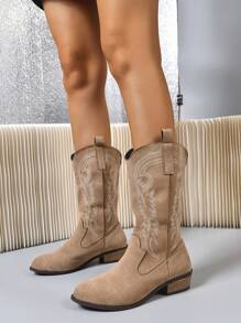 2025 秋冬新款女式刺绣皮革白色西部靴，尖头粗跟中筒靴，户外休闲时尚靴，牛仔靴 - 卡其色 - 查看 4