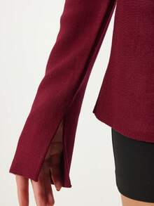 Solid Color Casual Front Button Ribbed Buttons - Burgundy - View 4