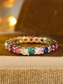 Vanel 1pc Luxury Full Eternity Cubic Zirconia Ring, Jewelry Gift For Girlfriend, Classmate - Golden Yellow-multicolor - View 4