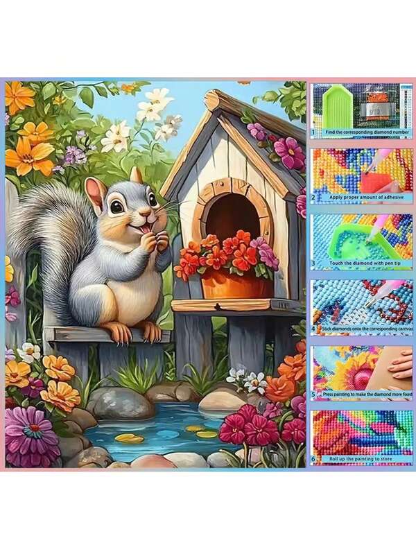 Fournitures artisanales de mosaïque de diamants DIY, maison d'écureuil. Peinture de diamant fleur, broderie animale en diamant plein, peinture de diamant rond. Décoration d'intérieur, cadeaux