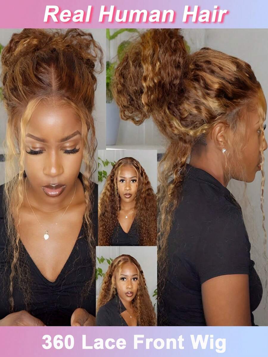 Deep Wave P4/ 27 Highlight 360 Transparent Lace Front Wigs Ombre Human Hair Wet And Wavy Curly Glueless Honey Blonde Human Hair Deep Curly Lace Frontal Wigs Pre Plucked With Baby Hair