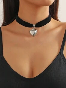 1 chiếc vòng cổ mặt trái tim màu đen và bạc cổ điển dành cho nữ, vòng cổ xích choker - Trái tim bạc đen - Xem 6