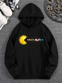 Teen Boy Fashionable Creative Graphic Universe Planet Pattern Casual Pullover Sweatshirt, Suitable For Streetwear, Outdoor, Daily Wear - Black - View 2