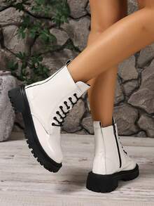 Women's Fashion Boots Lace-Up Thick Sole White Glossy PU Leather Ankle Boots Side Zipper Retro Motorcycle Boots