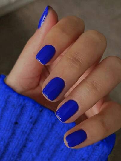 24片皇家蓝美甲贴片，短方形，自然凝胶指甲油，秋季流行色，2025时尚亚克力美甲贴片，带保护涂层，加厚可重复使用美甲用品