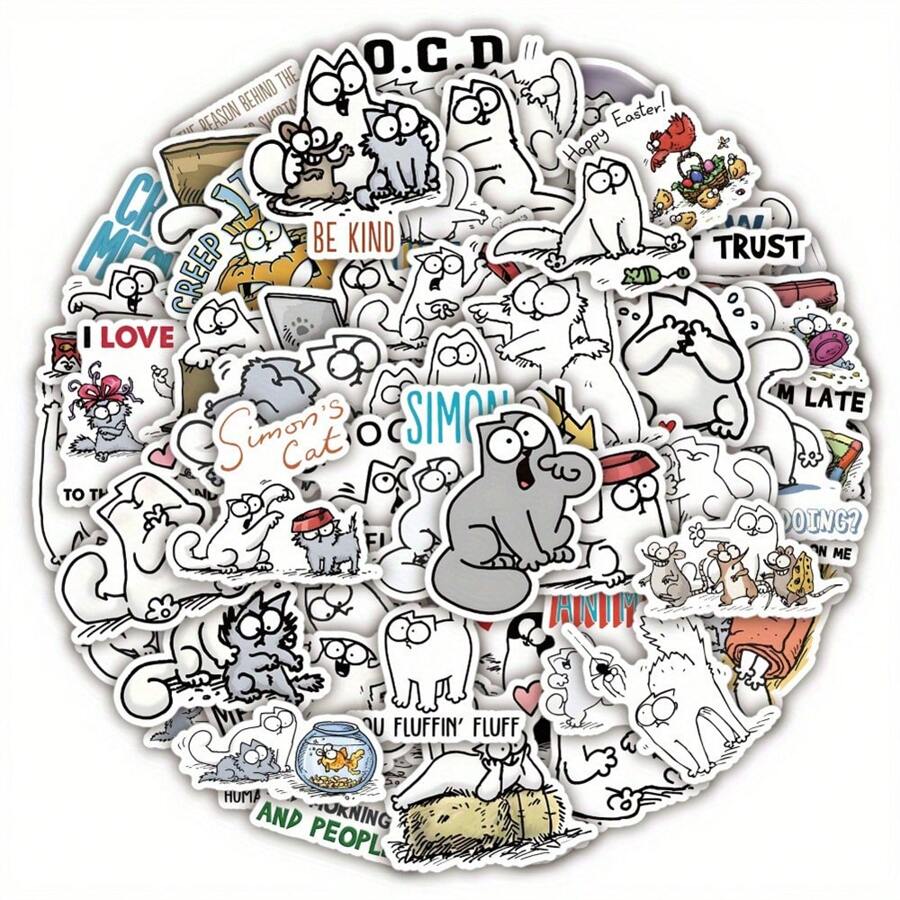 50PCS Cartoon Simon's Cat Graffiti Stickers, Exquisite And Creative Room Desktop Decoration Decal Toys, Suitable For Suitcases, Water Cups, Mobile Phone Cases, Skateboards, Pencil Cases, Etc. - 彩色 - 查看 1