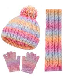 Set de 4 piezas de gorro de punto, guantes y bufanda de invierno con pompones para niños, gorro de bebé de color degradado de polar grueso con una sola bola, conjunto de bufanda con capucha de punto para niñas/niños - Multicolor - Ver 9