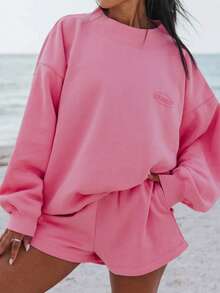 Women Athletic Shorts Loose Fit Solid Color Drawstring Sweatshorts For Yoga Running - Hot Pink - View 6