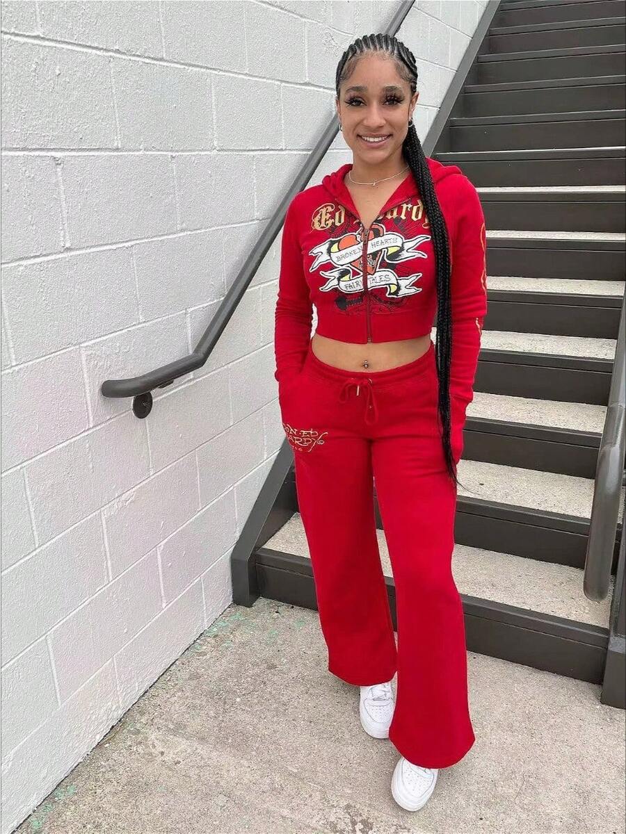 Brand Street Skull Love Printing Basic Zipper Short Cardigan High Waist Straight Trousers Two-Piece Set Women - 紅色 - 查看 1