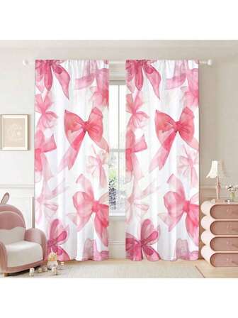 2 件可爱甜美粉蓝色蝴蝶结装饰窗帘 - 杆袋设计，保护隐私，易于安装 - 非常适合客厅和卧室装饰，可机洗，圣诞节和新年女孩心形装饰窗帘