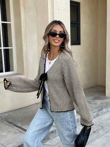 Plus Size Women V-Neck Casual Contrast Trim Tie Front Knit Cardigan, Autumn/Winter - Grey - View 5