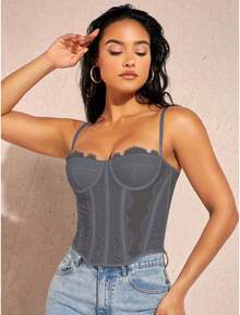 Corselet Renda feminino, top de Corpete sexy, detalhet de renda, sensual, moderno, sofisticado, minimalista. alças finas, semi transparente, formato leque, cor sólida, modelador, cropped,, camisete, roupa externa - Cinza - Visão 5