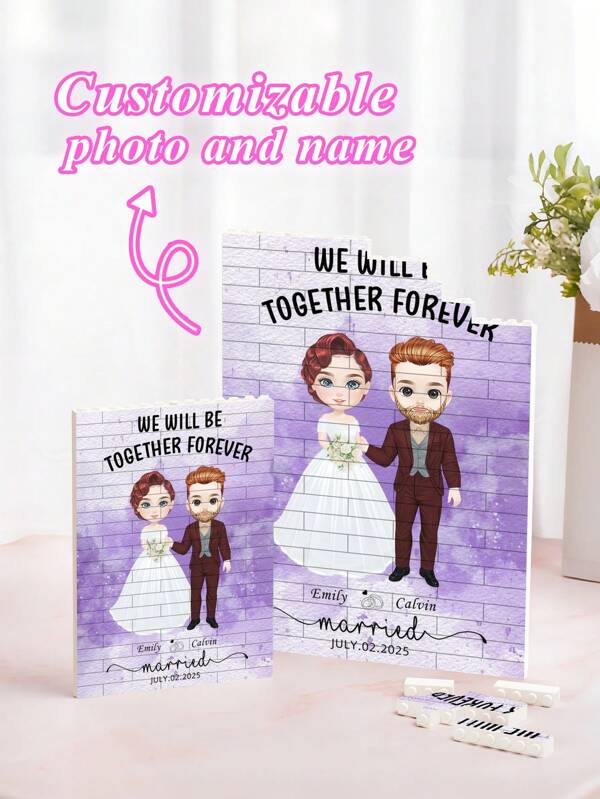 Personalized We Will Be Together Forever Cartoon Bride And Groom Building Brick Puzzles Name And Date Wedding Anniversary Gift For Couple