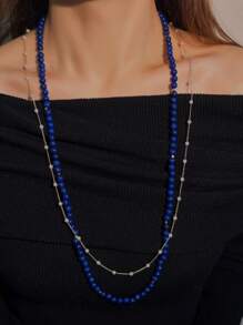 2 pezzi Collana lunga di lusso minimalista e alla moda in lapislazzuli naturale, catena da maglione, collana e bracciale a doppio strato, adatta per uomo e donna, per uso quotidiano, vacanze, regalo per appuntamenti