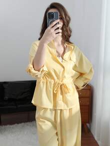 Bộ đồ thời trang nữ mới, áo kiểu voan hồng có eo điều chỉnh được, kết hợp với quần ống rộng voan. - Màu vàng - Xem 5