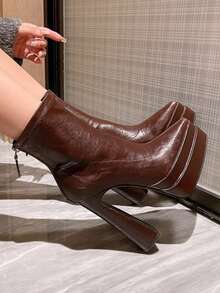 女士尖头超高跟厚底踝靴，粗跟弹力拉链靴，2025秋冬新款，派对装扮 - 棕色 - 查看 4