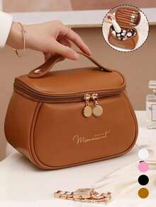 1PC Multi-Functional Travel Makeup Bag Waterproof Make Up Pouch Large-Capacity Cosmetic Storage Bag Portable Beach Bag Double-Layer PU Leather Cosmetic Bag Gift Bags Bathroom Toiletry Bag Ladies Travel Cosmetic Organizer Double-Layer PU Leather Material, Large-Capacity, Multi-Functional,