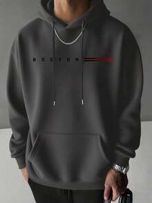 男士休闲波士顿印花宽松口袋连帽卫衣，秋冬季舒适运动服之选，长袖上衣 - 深灰色 - 查看 5
