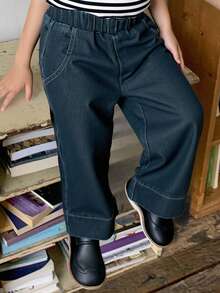 DAZY Young Girl Elastic Waist Pocket Wide Leg Loose Casual Jeans - Blue - View 5