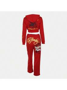 Brand Street Skull Love Printing Basic Zipper Short Cardigan High Waist Straight Trousers Two-Piece Set Women - 紅色 - 查看 6