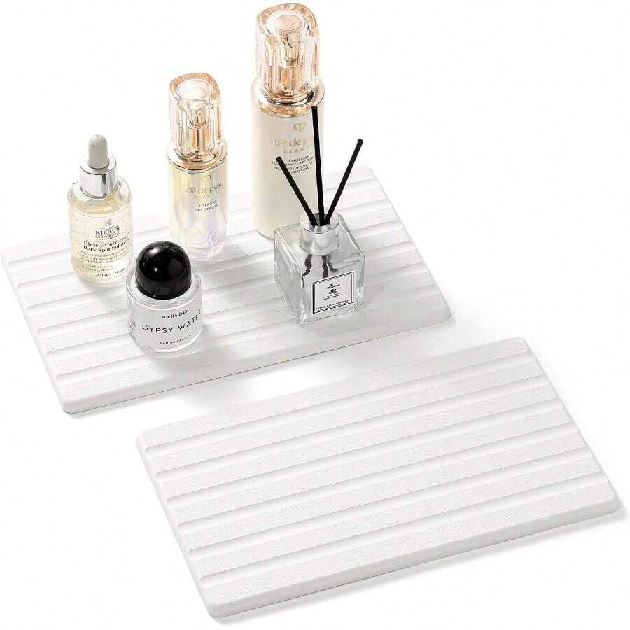 2PCS Diatomite Quick Stone Drying Tray Mat For Bathroom  Kitchen Counter, Instant Dry Water Absorbent Drink Bar Coaster, Vanity Sink Caddy Organizer, Dish Soap Sponge Holder, Dark Gray, 8"X3.8"