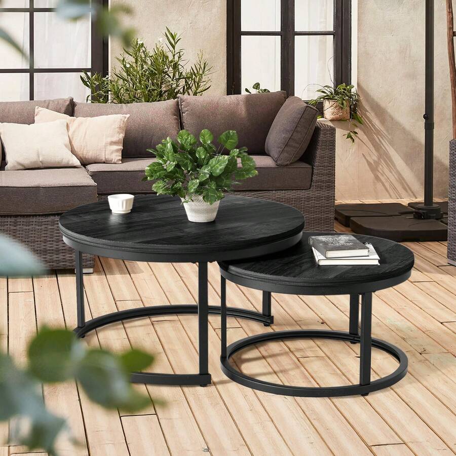 Nalupatio Set Of 2 Round Nesting Coffee Tables,Multi-Functional Side Tables With Metal Frame ,For Living Room & Bedroom, Space-Saving Modern Accent Table Set - màu đen - Xem 1
