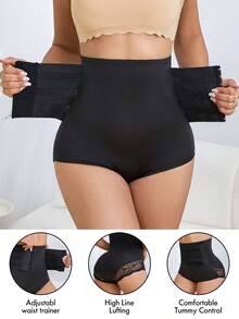 女式高腰蕾丝边收腹紧身打底裤 - 黑色 - 查看 1