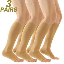 3 Pairs Women Compression Open Toe Socks, Nurse/Doctor Long Sock, Skin Color & Khaki, Simple Leg Socks - Multicolor - View 5