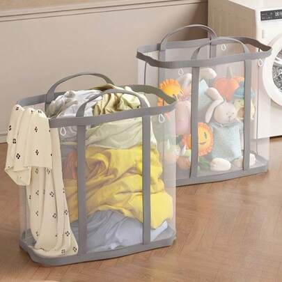 1pc High-Quality Nylon Mesh Storage Bag, Large Capacity Clothing Storage Bucket, Multifunctional Wall Mounted Laundry Basket, Portable Folding Storage Bag, Space Saving, Suitable For Clothing, Dolls, Bathroom, Bedroom, Dormitory, Foldable