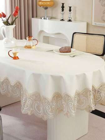 1 pieza Mantel ovalado con encaje bordado y borde de encaje, estilo francés romántico, impermeable y resistente al aceite, adecuado para mesa de comedor, mesa de café, decoración del hogar diaria y fiestas de boda y festividades