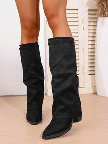 Fall/Winter 2025 Women's Pointed Toe Thick Heel Wedge Sexy Pants Style Boots, Retro Over-The-Knee High Boots,Match Leggings,Black Boots - Black - View 6