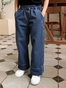 DAZY 年轻女孩松紧腰口袋阔腿宽松休闲百搭牛仔裤 - 深色水洗藍 - 查看 4