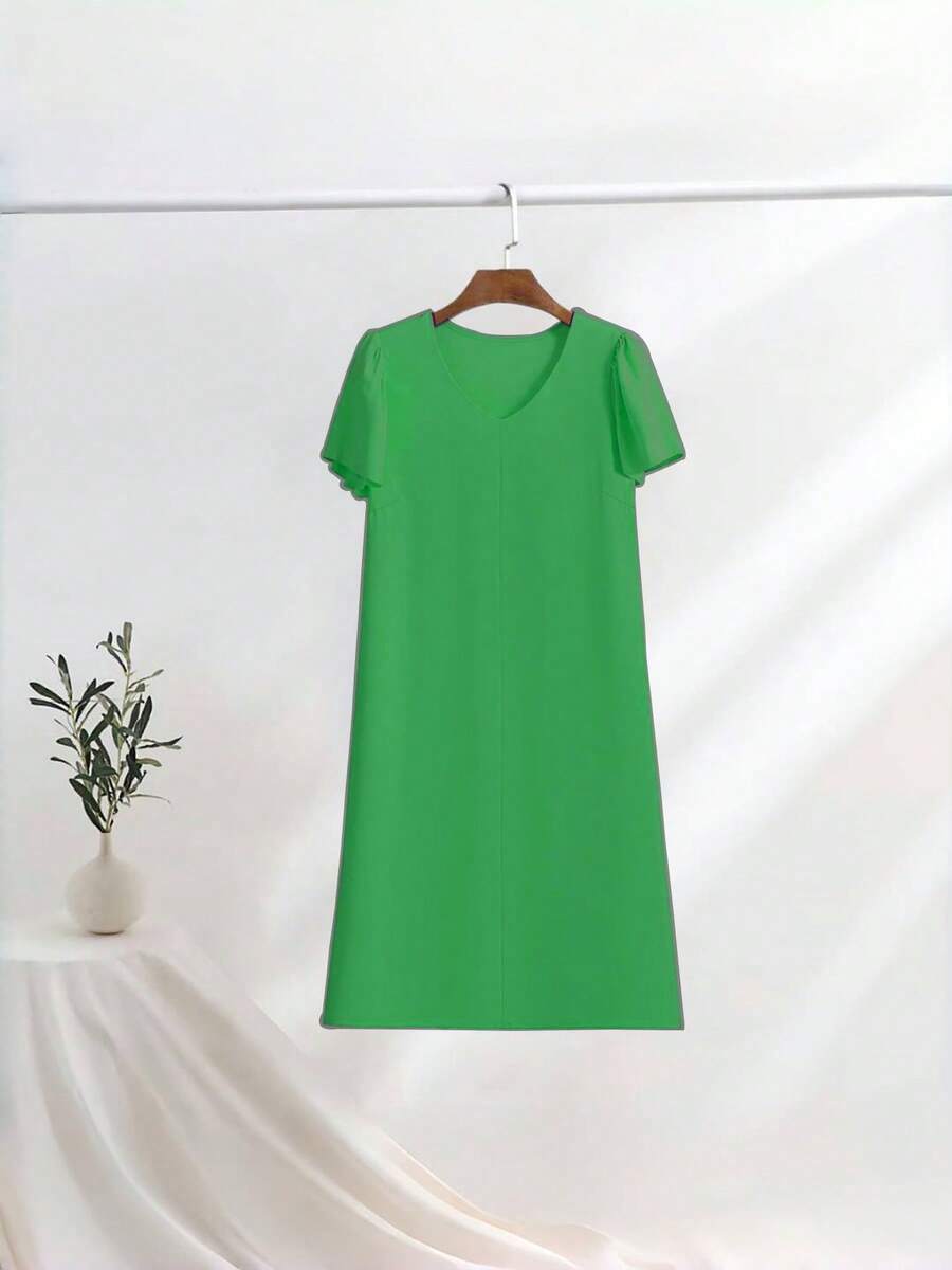 SuofeiMan 新款优雅V领连衣裙，百搭纯色修身中长连衣裙，适合工作和休闲穿着，夏季/秋季