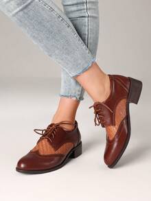 Women's Pointed Toe Lace-Up Brogue Pumps Fashion Mixed Colors Patchwork Block Chunky Heel British Style Flat Oxford Shoes - Nâu B - Xem 3