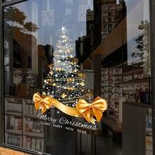 1pc/2pcs Golden Christmas Tree With Large Bow Printed Electrostatic Sticker 2026 Christmas Decoration Sticker For Bedroom Living Room Window Decoration Removable And Sticker Home Decor Christmas Decorations Room Decor