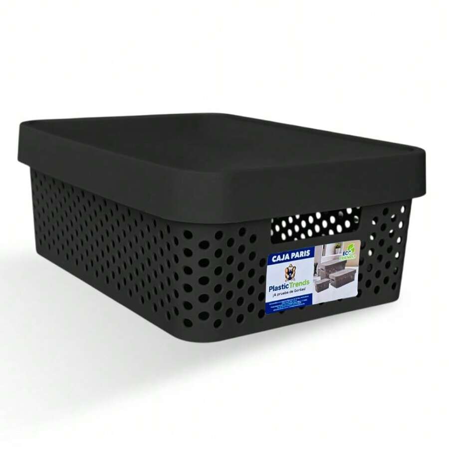 Caja organizadora Paris tapa plástico almacenamiento 11L caja multiusos hogar cocina baño oficina ropa juguetes práctica resistente transparente organizador versátil - Negro - Ver 1