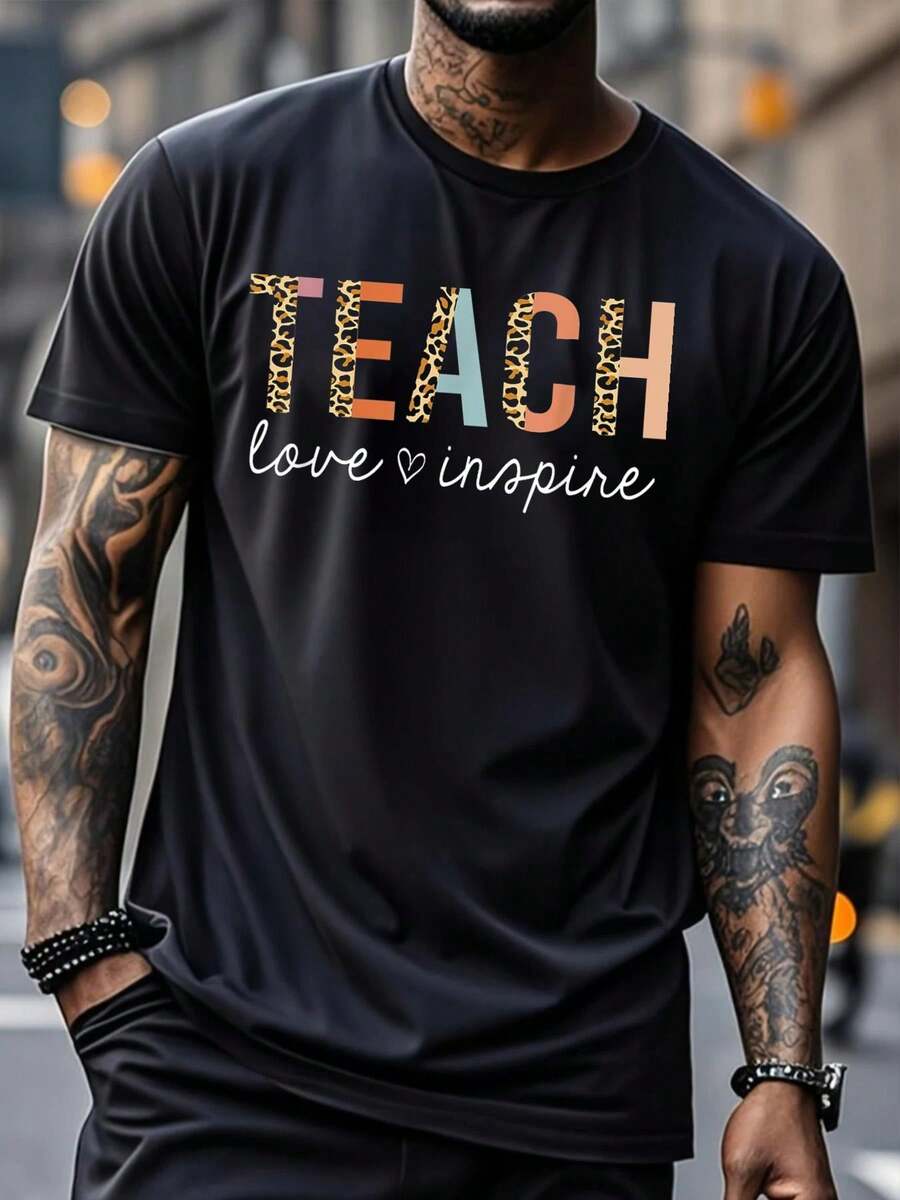 Teach Love Inspire Leopard Back To School Cute Teacher Men Women Girls Kids T-Shirt - Black - View 1