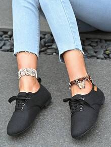 系带圆头女士时尚平底休闲一脚蹬优雅鞋 - 黑色 - 查看 7