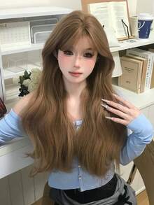 24 Inch Milk Tea Champagne Wig With Full Bangs - Soft Airy Curly Long Synthetic Hair With Rose Net Cap - Heat Resistant Beige Blonde Fluffy Waves For All Skin Tones (Daily & Party - Champagne - View 5