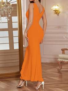 WOWDARK 夏季纯色连衣裙，时尚性感V领荷叶边开衩派对礼服，优雅女士连衣裙，适合情人节、约会、聚会、派对、旅行、度假、海滩等场合。 - 橘色 - 查看 4