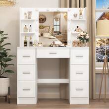 Modern Large Makeup Vanity Set White 7 Drawers Dressing Table & Lighted Mirror - White - View 7