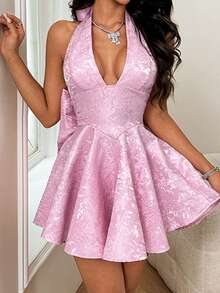 Vestido de verano WOWDARK, conjunto de Día de San Valentín rosa, vestido de fiesta elegante de mujer con escote en V profundo, estampado jacquard, cuello halter, lazo y espalda descubierta, adecuado para el Día de San Valentín, citas, reuniones, fiestas, viajes, vacaciones, playa y otras ocasiones - Rosa - Ver 8