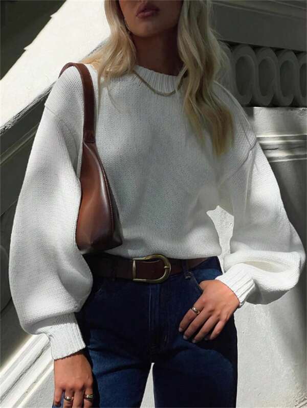 1 pieza Suéter holgado de mujer de longitud regular, manga larga, tela de poliéster ligeramente elástica