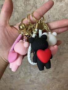 1 件女士粉色创意心形熊和兔子可爱毛绒钥匙扣，精致女友/情侣钥匙扣，手提包吊饰，汽车钥匙扣，日常使用卡通配饰 - 粉色 - 查看 8