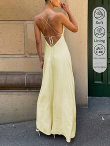 Women's Satin V-Neck Elegant Summer Maxi Dress, Silky Nightdress, Holiday Party Birthday Formal Occasion Dress - Light Yellow - View 6