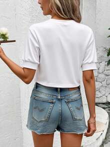 Blusa manga corta  Liso    Casual    Tela    Canalé    moda para mujer  Diario    primavera verano - Blanco - Ver 2