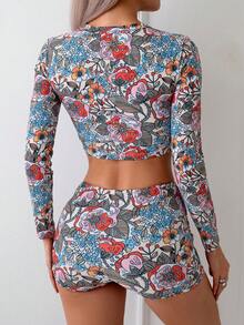 Womens Rash Guard Swimsuit Long Sleeve Sun Protection Sport Printed Wetsuit Two Piece Swimsuit Set - Nhiều màu - Xem 3
