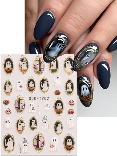 Halloween Oiled Metal Nail Art Stickers - Ghost, Pumpkin, Jelly And Impo Designs, Self-Adhesive Manicure Decals For Women, 3D Matte Finishes, Cute, Cartoon And Oiled Themes, Easy To Apply Nail Decorations, DIY, Holiday Gifts, Party Styling Supplies